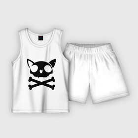 Детская пижама с шортами хлопок с принтом кошачий пиратскй флаг в Белгороде,  |  | Тематика изображения на принте: кости | кошачий пиратский флаг | пиратский флаг | череп | череп кошки