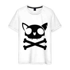 Мужская футболка хлопок с принтом кошачий пиратскй флаг в Белгороде, 100% хлопок | прямой крой, круглый вырез горловины, длина до линии бедер, слегка спущенное плечо. | Тематика изображения на принте: кости | кошачий пиратский флаг | пиратский флаг | череп | череп кошки