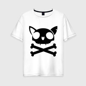 Женская футболка хлопок Oversize с принтом кошачий пиратскй флаг в Белгороде, 100% хлопок | свободный крой, круглый ворот, спущенный рукав, длина до линии бедер
 | кости | кошачий пиратский флаг | пиратский флаг | череп | череп кошки