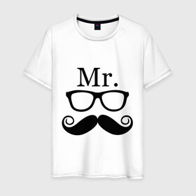 Мужская футболка хлопок с принтом Mистер (парная) в Белгороде, 100% хлопок | прямой крой, круглый вырез горловины, длина до линии бедер, слегка спущенное плечо. | Тематика изображения на принте: mr | mистер | для двоих | очки | усы