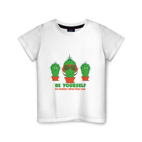 Детская футболка хлопок с принтом Самоуверенный кактус в Белгороде, 100% хлопок | круглый вырез горловины, полуприлегающий силуэт, длина до линии бедер | smile | кактус | очки | позитив | прикол | прикольные картинки | смайл | юмор