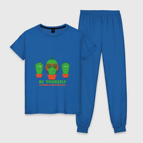 Женская пижама хлопок с принтом Самоуверенный кактус в Белгороде, 100% хлопок | брюки и футболка прямого кроя, без карманов, на брюках мягкая резинка на поясе и по низу штанин | smile | кактус | очки | позитив | прикол | прикольные картинки | смайл | юмор