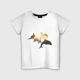 Детская футболка хлопок с принтом Дельфины на закате (2) в Белгороде, 100% хлопок | круглый вырез горловины, полуприлегающий силуэт, длина до линии бедер | дельфин | дельфины | дельфины на закате | закат | красивые дельфины | рыбы