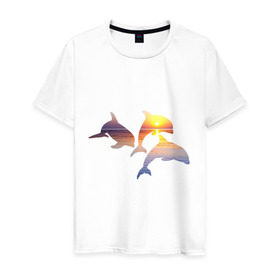 Мужская футболка хлопок с принтом Дельфины на закате в Белгороде, 100% хлопок | прямой крой, круглый вырез горловины, длина до линии бедер, слегка спущенное плечо. | Тематика изображения на принте: дельфин | дельфины | дельфины на закате | закат | красивые дельфины | рыбы