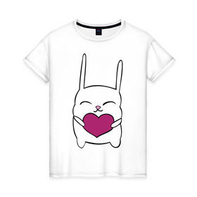 Женская футболка хлопок с принтом Зайка с сердцем в Белгороде, 100% хлопок | прямой крой, круглый вырез горловины, длина до линии бедер, слегка спущенное плечо | животные | зайчик | заяц | сердце