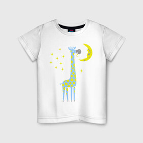 Детская футболка хлопок с принтом Сказочный жираф в Белгороде, 100% хлопок | круглый вырез горловины, полуприлегающий силуэт, длина до линии бедер | Тематика изображения на принте: животные | жираф | сказка | сказочный жираф