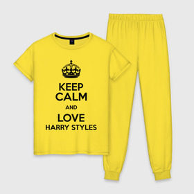 Женская пижама хлопок с принтом Keep calm and love Harry Styles в Белгороде, 100% хлопок | брюки и футболка прямого кроя, без карманов, на брюках мягкая резинка на поясе и по низу штанин | Тематика изображения на принте: 1d | harry styles | keep calm | music | one direction | гарри стайлс