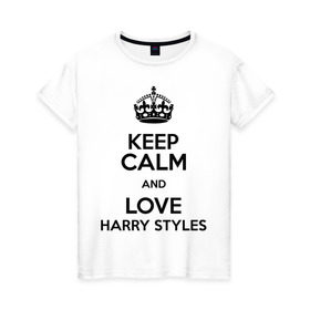 Женская футболка хлопок с принтом Keep calm and love Harry Styles в Белгороде, 100% хлопок | прямой крой, круглый вырез горловины, длина до линии бедер, слегка спущенное плечо | Тематика изображения на принте: 1d | harry styles | keep calm | music | one direction | гарри стайлс