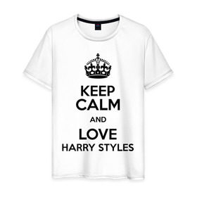Мужская футболка хлопок с принтом Keep calm and love Harry Styles в Белгороде, 100% хлопок | прямой крой, круглый вырез горловины, длина до линии бедер, слегка спущенное плечо. | Тематика изображения на принте: 1d | harry styles | keep calm | music | one direction | гарри стайлс