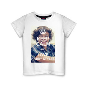 Детская футболка хлопок с принтом Keep calm and love Harry Styles в Белгороде, 100% хлопок | круглый вырез горловины, полуприлегающий силуэт, длина до линии бедер | Тематика изображения на принте: 1d | harry styles | keep calm | music | one direction | гарри стайлс