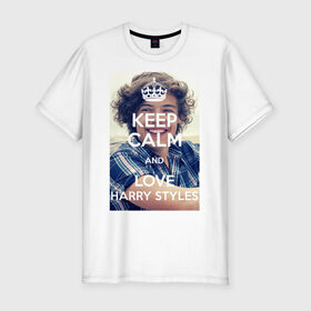 Мужская футболка премиум с принтом Keep calm and love Harry Styles в Белгороде, 92% хлопок, 8% лайкра | приталенный силуэт, круглый вырез ворота, длина до линии бедра, короткий рукав | Тематика изображения на принте: 1d | harry styles | keep calm | music | one direction | гарри стайлс