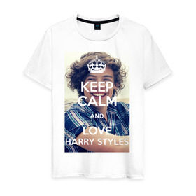 Мужская футболка хлопок с принтом Keep calm and love Harry Styles в Белгороде, 100% хлопок | прямой крой, круглый вырез горловины, длина до линии бедер, слегка спущенное плечо. | 1d | harry styles | keep calm | music | one direction | гарри стайлс