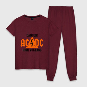 Женская пижама хлопок с принтом ADCD high voltage в Белгороде, 100% хлопок | брюки и футболка прямого кроя, без карманов, на брюках мягкая резинка на поясе и по низу штанин | acdc | rock | блюз рок | рок | рок группа | рок н ролл | хард рок | эйсидиси