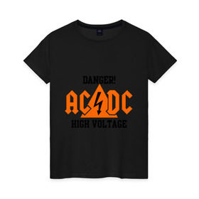 Женская футболка хлопок с принтом ADCD high voltage в Белгороде, 100% хлопок | прямой крой, круглый вырез горловины, длина до линии бедер, слегка спущенное плечо | acdc | rock | блюз рок | рок | рок группа | рок н ролл | хард рок | эйсидиси