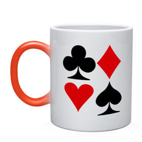 Кружка хамелеон с принтом Масти карт в Белгороде, керамика | меняет цвет при нагревании, емкость 330 мл | Тематика изображения на принте: poker | игра | игры | карточная игра | карты | масти карт | покер