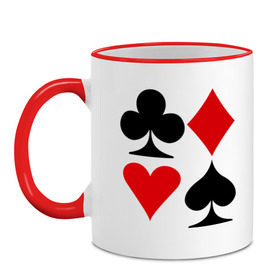 Кружка двухцветная с принтом Масти карт в Белгороде, керамика | объем — 330 мл, диаметр — 80 мм. Цветная ручка и кайма сверху, в некоторых цветах — вся внутренняя часть | poker | игра | игры | карточная игра | карты | масти карт | покер