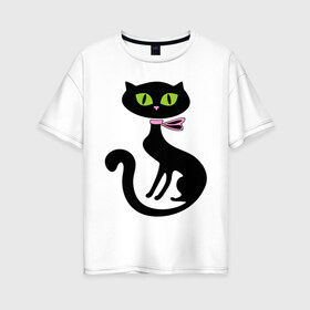 Женская футболка хлопок Oversize с принтом Милая кошечка в Белгороде, 100% хлопок | свободный крой, круглый ворот, спущенный рукав, длина до линии бедер
 | зеленые глаза | кошечка | кошка | черная кошка