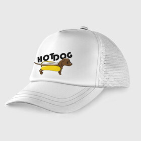 Детская кепка тракер с принтом Hot dog в Белгороде, Козырек - 100% хлопок. Кепка - 100% полиэстер, Задняя часть - сетка | универсальный размер, пластиковая застёжка | Тематика изображения на принте: hot dog | булка | собака | собачка | хот дог
