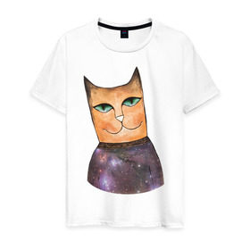 Мужская футболка хлопок с принтом кот-космос в Белгороде, 100% хлопок | прямой крой, круглый вырез горловины, длина до линии бедер, слегка спущенное плечо. | cat | cute | space | космос | кот | котейка | котик | мило
