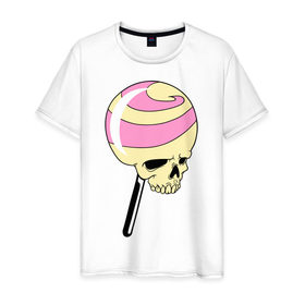 Мужская футболка хлопок с принтом Черепок на палочке в Белгороде, 100% хлопок | прямой крой, круглый вырез горловины, длина до линии бедер, слегка спущенное плечо. | halloween | конфета | леденец | хеллоуин | череп | чупачупс