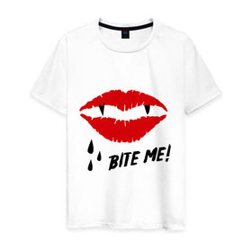 Мужская футболка хлопок с принтом Bite me! в Белгороде, 100% хлопок | прямой крой, круглый вырез горловины, длина до линии бедер, слегка спущенное плечо. | вампир | укуси меня