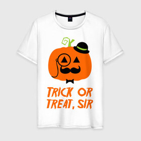 Мужская футболка хлопок с принтом Trick or treat в Белгороде, 100% хлопок | прямой крой, круглый вырез горловины, длина до линии бедер, слегка спущенное плечо. | halloween | trick or treat | подарок на хэллоуин | сюрприз на хэллоуин | тыква | хэллоуин