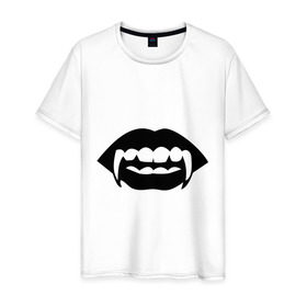 Мужская футболка хлопок с принтом Вампир в Белгороде, 100% хлопок | прямой крой, круглый вырез горловины, длина до линии бедер, слегка спущенное плечо. | вампир | губы | зубы | клыки | монстр