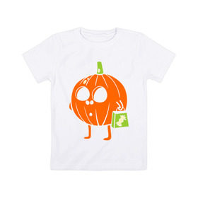 Детская футболка хлопок с принтом Тыква с пакетом в Белгороде, 100% хлопок | круглый вырез горловины, полуприлегающий силуэт, длина до линии бедер | Тематика изображения на принте: halloween | конфета | пакет | тыква | тыква с пакетом | тыковка | хэллоуин
