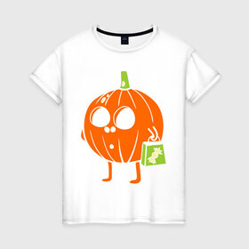 Женская футболка хлопок с принтом Тыква с пакетом в Белгороде, 100% хлопок | прямой крой, круглый вырез горловины, длина до линии бедер, слегка спущенное плечо | halloween | конфета | пакет | тыква | тыква с пакетом | тыковка | хэллоуин