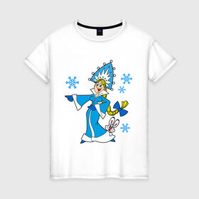 Женская футболка хлопок с принтом Снегурочка в Белгороде, 100% хлопок | прямой крой, круглый вырез горловины, длина до линии бедер, слегка спущенное плечо | девушкам | кролик | новый год | снег | снегурочка