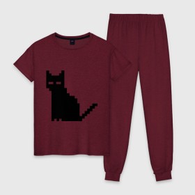 Женская пижама хлопок с принтом Пиксельный котик в Белгороде, 100% хлопок | брюки и футболка прямого кроя, без карманов, на брюках мягкая резинка на поясе и по низу штанин | 90 | cat | kitten | kitty | pixel | кот | котейка | котик | котики | пиксель