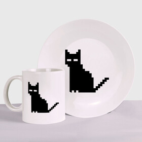 Набор: тарелка + кружка с принтом Пиксельный котик в Белгороде, керамика | Кружка: объем — 330 мл, диаметр — 80 мм. Принт наносится на бока кружки, можно сделать два разных изображения. 
Тарелка: диаметр - 210 мм, диаметр для нанесения принта - 120 мм. | 90 | cat | kitten | kitty | pixel | кот | котейка | котик | котики | пиксель