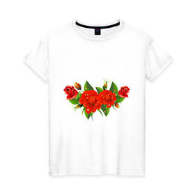Женская футболка хлопок с принтом Розы на пояснице в Белгороде, 100% хлопок | прямой крой, круглый вырез горловины, длина до линии бедер, слегка спущенное плечо | девушкам | розы | украшение | цветы
