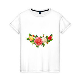 Женская футболка хлопок с принтом Роса на цветах в Белгороде, 100% хлопок | прямой крой, круглый вырез горловины, длина до линии бедер, слегка спущенное плечо | девушкам | розы | украшение | цветы