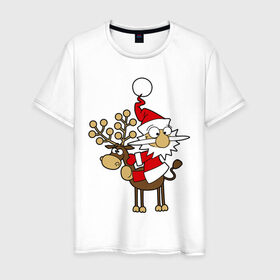 Мужская футболка хлопок с принтом Санта на олене. в Белгороде, 100% хлопок | прямой крой, круглый вырез горловины, длина до линии бедер, слегка спущенное плечо. | happy | happy new year | new year | santa | santa clows | олень | рудольф | санта | санта клаус