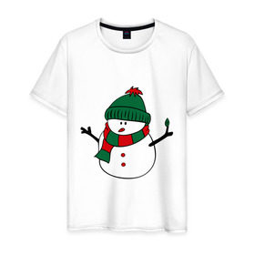 Мужская футболка хлопок с принтом Снеговик в Белгороде, 100% хлопок | прямой крой, круглый вырез горловины, длина до линии бедер, слегка спущенное плечо. | зима | новый год | снег | снеговик | шапка | шарф