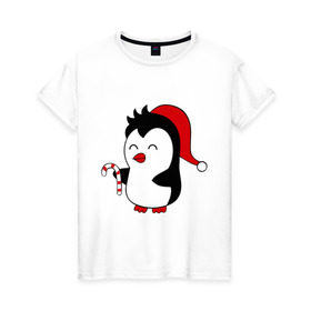 Женская футболка хлопок с принтом Новогодний пингвин. в Белгороде, 100% хлопок | прямой крой, круглый вырез горловины, длина до линии бедер, слегка спущенное плечо | пингвин