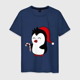 Мужская футболка хлопок с принтом Новогодний пингвин. в Белгороде, 100% хлопок | прямой крой, круглый вырез горловины, длина до линии бедер, слегка спущенное плечо. | пингвин
