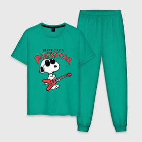 Мужская пижама хлопок с принтом Snoopy Rockstar в Белгороде, 100% хлопок | брюки и футболка прямого кроя, без карманов, на брюках мягкая резинка на поясе и по низу штанин
 | Тематика изображения на принте: гитара