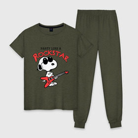 Женская пижама хлопок с принтом Snoopy Rockstar в Белгороде, 100% хлопок | брюки и футболка прямого кроя, без карманов, на брюках мягкая резинка на поясе и по низу штанин | гитара
