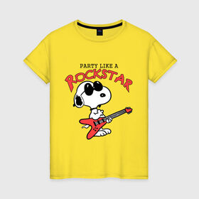 Женская футболка хлопок с принтом Snoopy Rockstar в Белгороде, 100% хлопок | прямой крой, круглый вырез горловины, длина до линии бедер, слегка спущенное плечо | Тематика изображения на принте: гитара