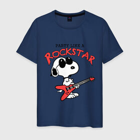 Мужская футболка хлопок с принтом Snoopy Rockstar в Белгороде, 100% хлопок | прямой крой, круглый вырез горловины, длина до линии бедер, слегка спущенное плечо. | Тематика изображения на принте: гитара