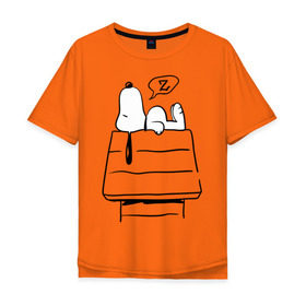 Мужская футболка хлопок Oversize с принтом Спящий Снупи в Белгороде, 100% хлопок | свободный крой, круглый ворот, “спинка” длиннее передней части | snoopy | домик | мультфильм | снупи | собака | спящий снупи