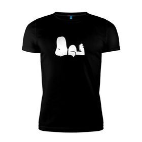 Мужская футболка премиум с принтом Спящий Снупи в Белгороде, 92% хлопок, 8% лайкра | приталенный силуэт, круглый вырез ворота, длина до линии бедра, короткий рукав | Тематика изображения на принте: snoopy | домик | мультфильм | снупи | собака | спящий снупи