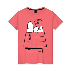 Женская футболка хлопок с принтом Спящий Снупи в Белгороде, 100% хлопок | прямой крой, круглый вырез горловины, длина до линии бедер, слегка спущенное плечо | snoopy | домик | мультфильм | снупи | собака | спящий снупи