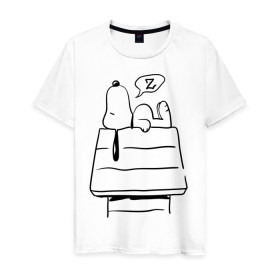 Мужская футболка хлопок с принтом Спящий Снупи в Белгороде, 100% хлопок | прямой крой, круглый вырез горловины, длина до линии бедер, слегка спущенное плечо. | snoopy | домик | мультфильм | снупи | собака | спящий снупи