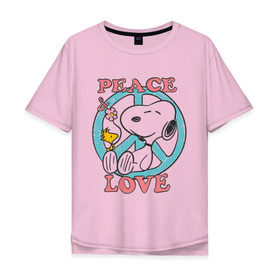 Мужская футболка хлопок Oversize с принтом Мир и любовь в Белгороде, 100% хлопок | свободный крой, круглый ворот, “спинка” длиннее передней части | snoopy | мир и любовь | мультфильм | снупи | собака