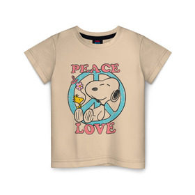 Детская футболка хлопок с принтом Мир и любовь в Белгороде, 100% хлопок | круглый вырез горловины, полуприлегающий силуэт, длина до линии бедер | snoopy | мир и любовь | мультфильм | снупи | собака