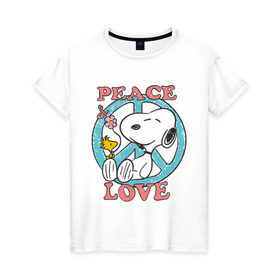Женская футболка хлопок с принтом Мир и любовь в Белгороде, 100% хлопок | прямой крой, круглый вырез горловины, длина до линии бедер, слегка спущенное плечо | snoopy | мир и любовь | мультфильм | снупи | собака