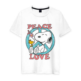 Мужская футболка хлопок с принтом Мир и любовь в Белгороде, 100% хлопок | прямой крой, круглый вырез горловины, длина до линии бедер, слегка спущенное плечо. | Тематика изображения на принте: snoopy | мир и любовь | мультфильм | снупи | собака